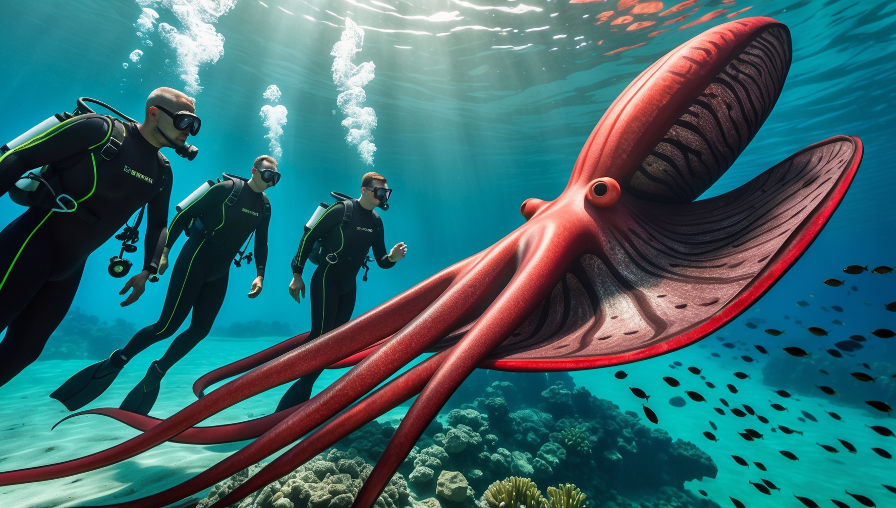 Divers Encounter a Live Giant Squid Swimming on the Ocean Surface
